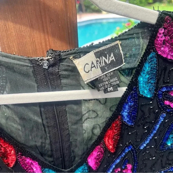 VINTAGE SILK CARINA SEQUIN Black Long Sleeve Shift Dress Beaded M - Picture 5 of 14